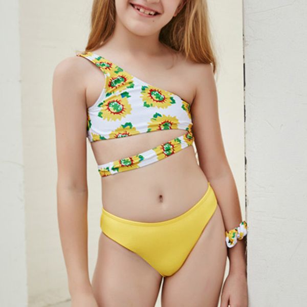 Costume da bagno a vita alta con una spalla, abiti in 2 pezzi, costumi da bagno carini per bambini 2021, set bikini, stampa, costumi da bagno per ragazza