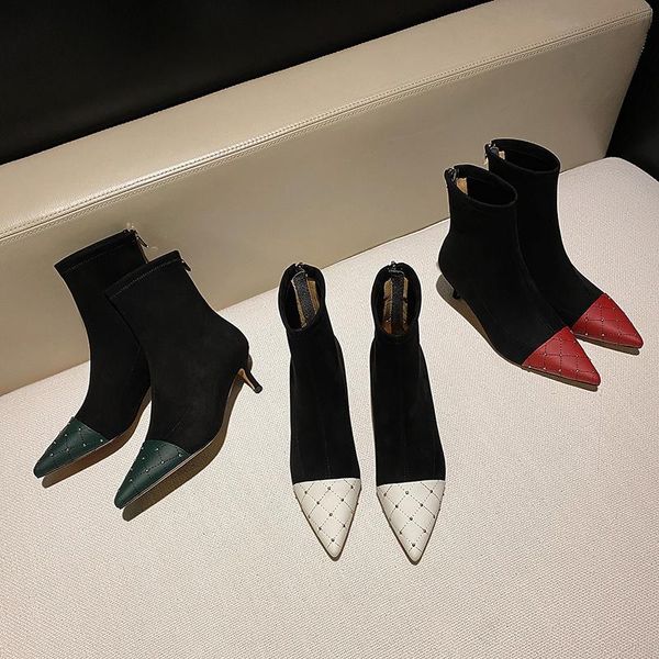 

boots mkkhou fashion short women 2021 spring temperament pointed elastic leather stitching stiletto 6cm high heel boot, Black