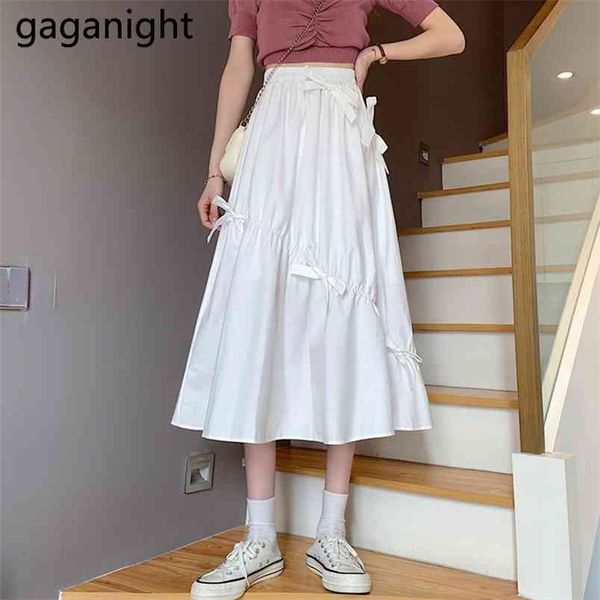 

black white midi skirt women casual spring summer high waist a-line fashion bow drawstring irregular long s 210601