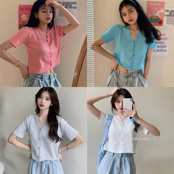 

women's t-shirt 2021v neck short looset shirt women summer slim sleeved thin cardigan sweater jacket, White
