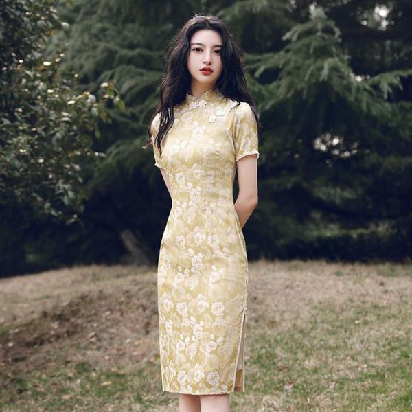 

ethnic clothing print flower women cheongsam slim mandarin collar qipao vestidos elegant split evening party dress chinese ladies robe, Red
