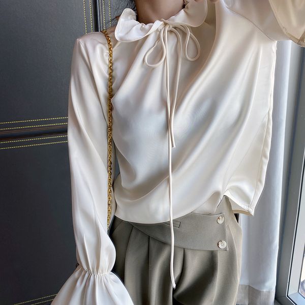 

women's blouses & shirts 2021 spring summer woman elegant ruffles flare sleeve solid color women blouse lace up blusas roupa, White