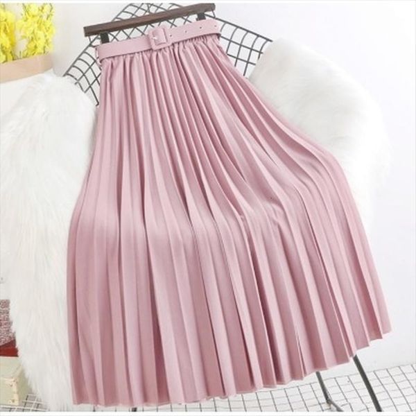 

autumn winter high waist womens skirt slim long solid color pink blue green red pleated female skin friendly with belt, Black