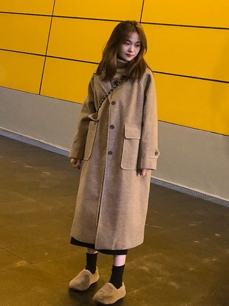 

women 2021 autumn winter casual wool blend trench coat female long woolen elegant thick warm outerwear overcoats s357 women's & blends, Black