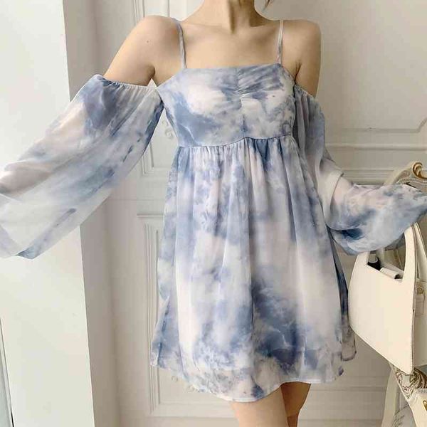 

casual dresses tie dye off the shoulder sheer beach summer backless blue mini tulle strap holiday clothes sundress hkml, Black;gray