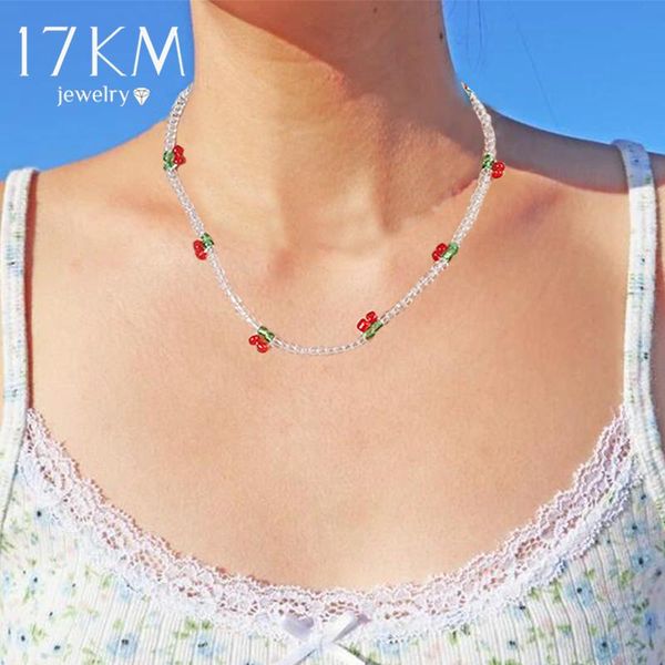 

chokers cute red cherry choker necklace for women girls fashion korean fruit transparent beads necklaces 2021 trend jewelry gift, Golden;silver