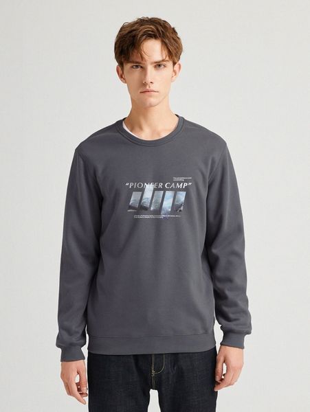 

men drop shoulder slogan & mountain pattern pullover i3ru#, Black