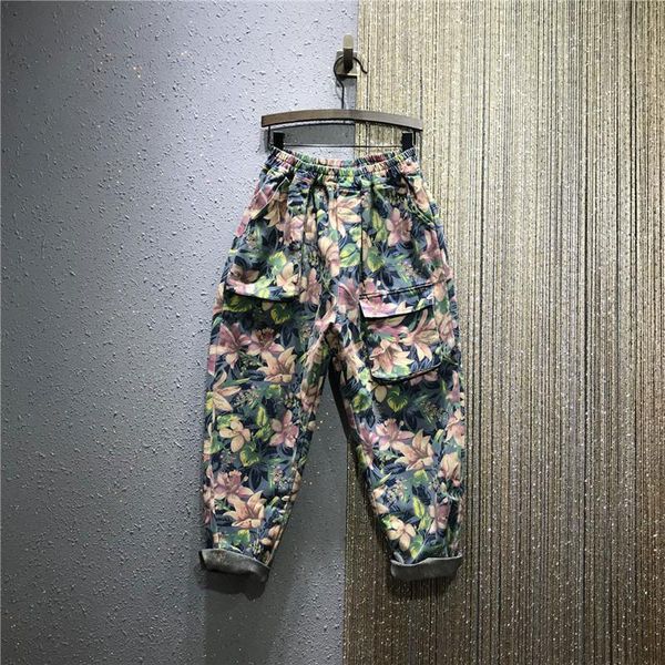 

autumn arts style women elastic waist cotton denim harem pants big pocket vintage print loose jeans femme jean trousers m458 women's, Blue