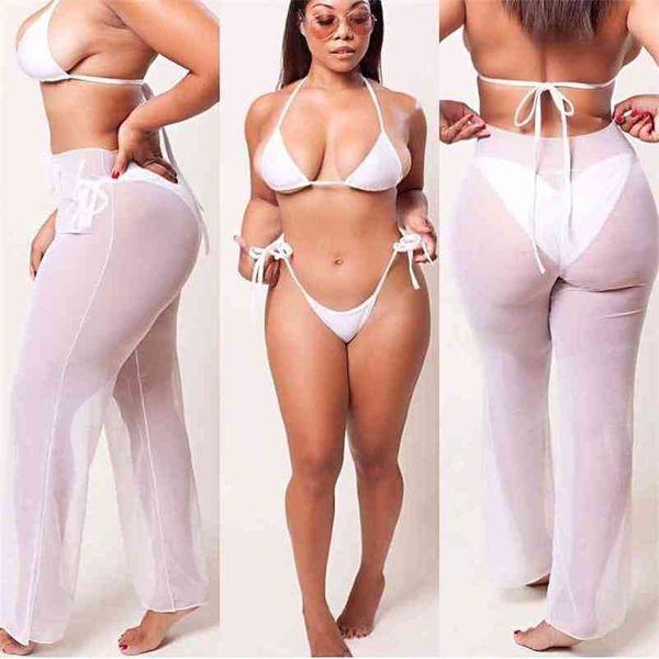 

lace up tie women mesh see through wide leg casual pants beach sunscreen bottom summer female loose transparent 210517, Black;white