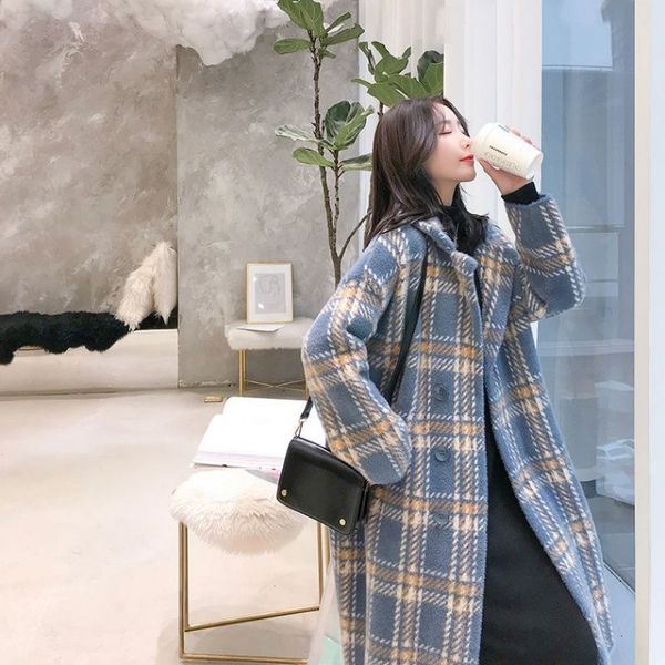 

women's wool & blends bpp imitation mink checked coat women comfortable in the long version of loose thick knit warm new ou94, Black