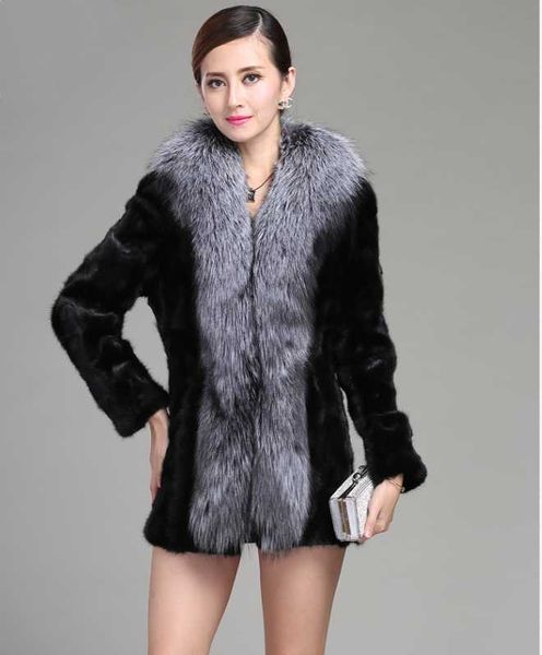 

women's fur & faux genuine mink jacket plus size real coat garment collar wholesale retail oem, Black