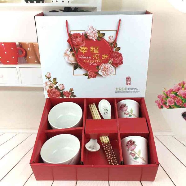 

new box set ceramic gift daily tableware 2 cups, 2 bowls and 2 spoons chopsticks