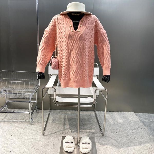 

women's sweaters 2021 soft waxy gentle wind twist sweater foreign style versatile loose chain v-neck medium length knitting top, White;black