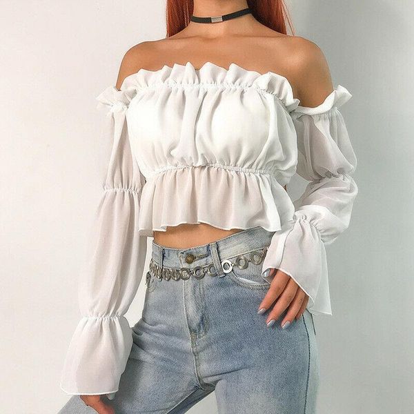 

5 women blouses colors chiffon off shoulder casual summer autumn crop blouse shirts female club outfits, White