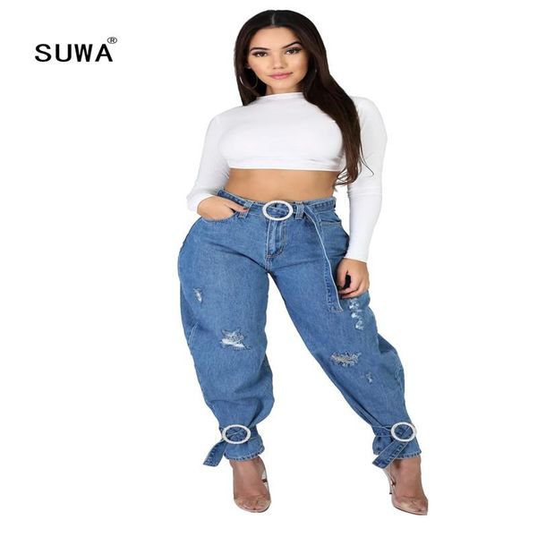 

women's jeans fashion sashes design lady high waist loose harem pants street casual denim, Blue