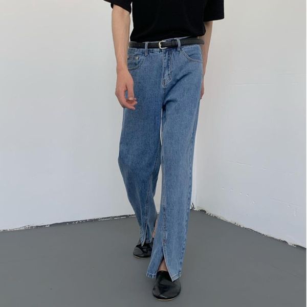 

men's jeans wear 2021 solid color korean streetwear fashion straight slit blue casual denim trousers for male