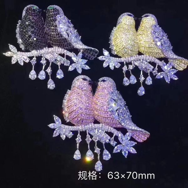 

big brooch pins double birds fine women jewelry 925 sterling silver 63*70mm, Gray