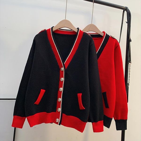 

red cardigan jacket women sweater south korea autumn and winter style foreign loose outer wear lazy knit top, White;black