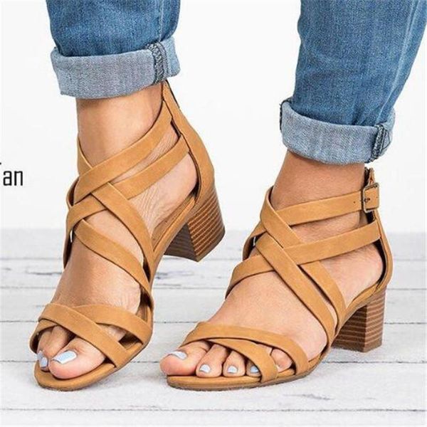 

women sandals pu buckle strap 5cm thick heel high heels round toe shallow shoes sandalias mujer 2021 size 35-42 black
