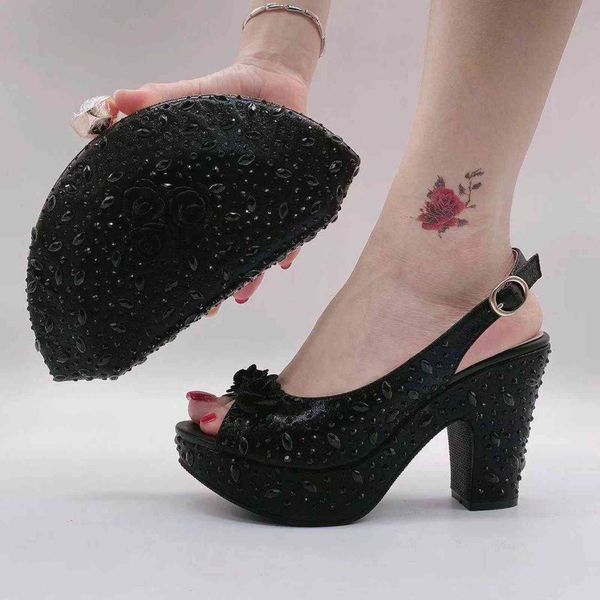 

large size small shoes bag fish mouth shoes high heels sandals fashion sandals with hand and thick heels sandals, Black