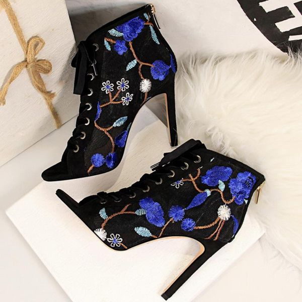

boots 2021 women fetish stripper sandals ankle gladiator 10.5cm high heels lace up prom peep toe embroider summer blue shoes, Black