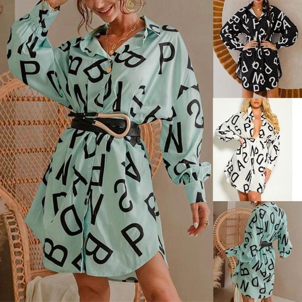 

casual dresses summer women wear irregular hem midi dress letter print long sleeve lapel neck high waist comfortable s  l, Black;gray