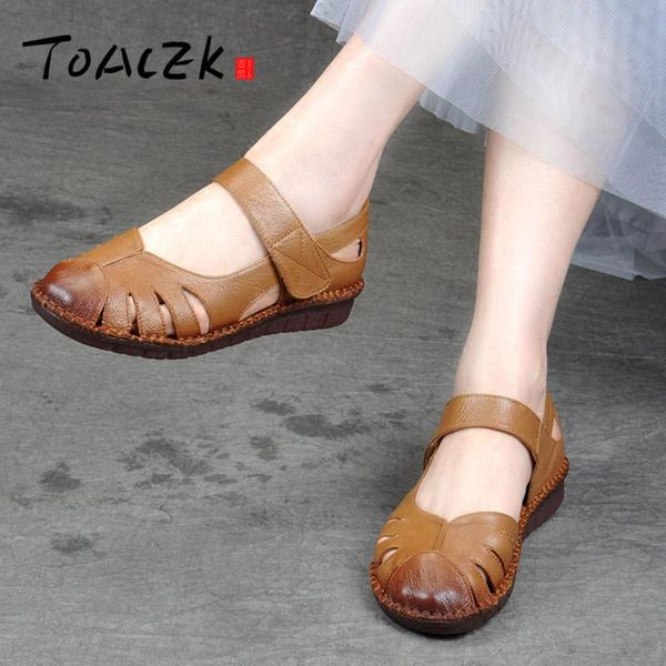 

summer leather flat sandals, women's national wind handmade shoes, one word with retro breathable cow shoes sandals, Black