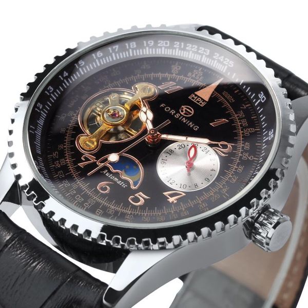 

wristwatches forsining multifunction tourbillon watch for men mechanical wristwatch gear casual moon phase sub-dial luxury leather strap, Slivery;brown