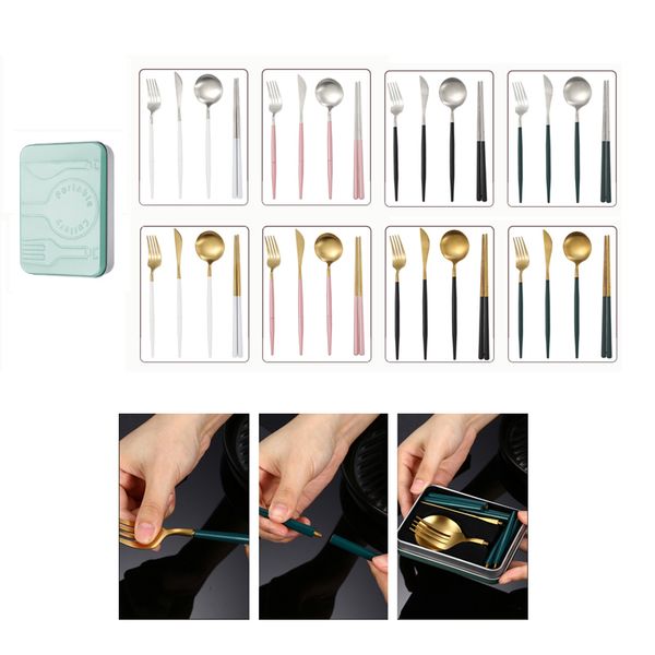 4 pçs / conjunto portátil de armadilha de aço inoxidável cutelaria de aço inoxidável faca de talheres faca de talheres garfo colher chopsticks com case para piquenique ao ar livre kdjk2104