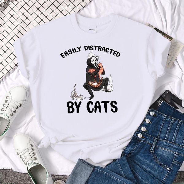 

women's t-shirt easily distracted by cats print women's tshirt manga soft short sleeved sports breathable women tshirts, White