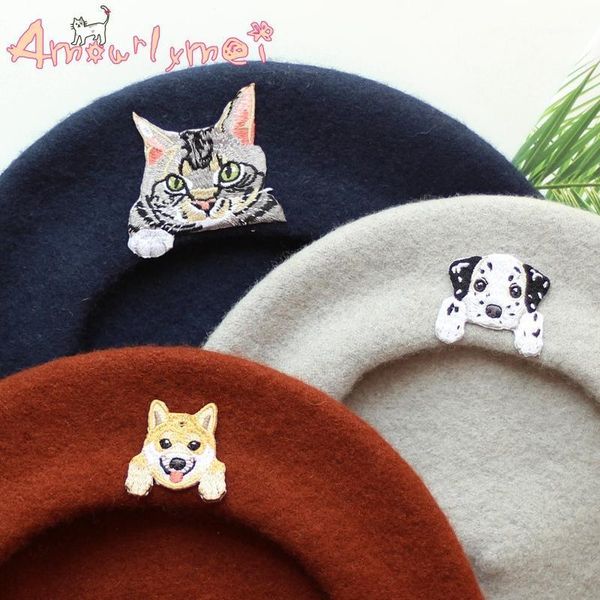 

autumn winter women cartoon woolen beret hat japanese style mori girl cute cat /dog embroidered painter berets, Blue;gray