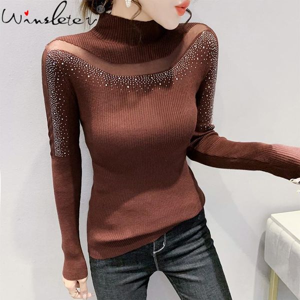 

women's sweaters madblack fall winter knit sweater european clothes women fashion patchwork mesh shiny diamonds long sleeve t10715, White;black