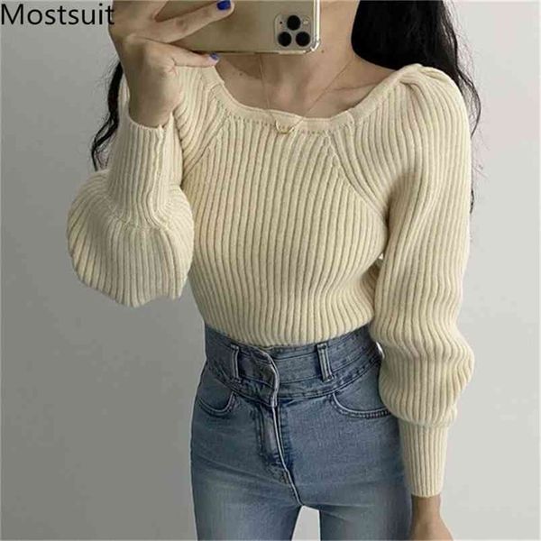 

korean vintage puff sleeve knitted pullover sweater women square collar long elegant fashion ladies jumpers 210513, Black
