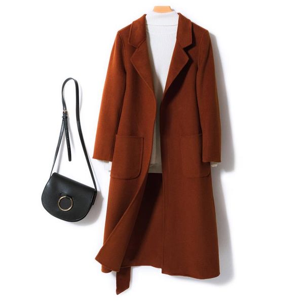 

women's wool & blends 2021 high-end coat long over-the-knee fashion pure suit collar double-faced, Black