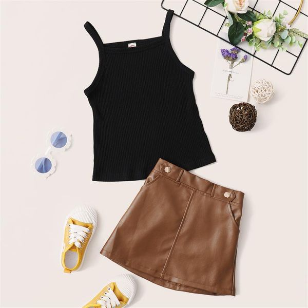 

toddler girls summer clothes set sleeveless rib knitted camisole +mini leather skirt outfits for kids clothing sets, White