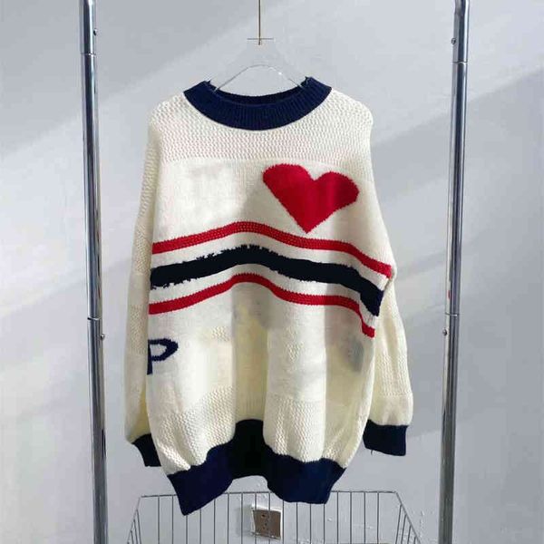 

2022 factory wholesale new autumn hollow out mesh enlarged version red heart jacquard sweater pullover sweater women's loose long sleev, White;black