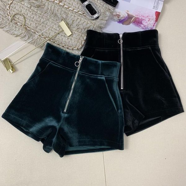 

women fashion midi velvet female zipper spring autumn high waist short trouser pocket black shorts women's, White;black