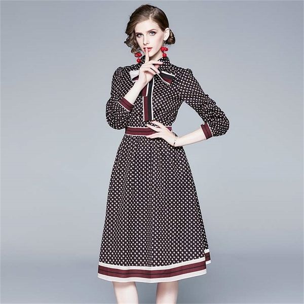 

runway design spring fall plaid print lapel long sleeve dress women bow lace-up slim party lady 210602, Black;gray
