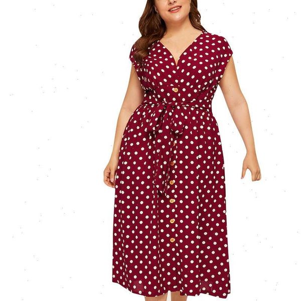 

summer casual plus size women dress v neck sleeveless polka dot printed button belt robe femme 19jun24, Black;gray
