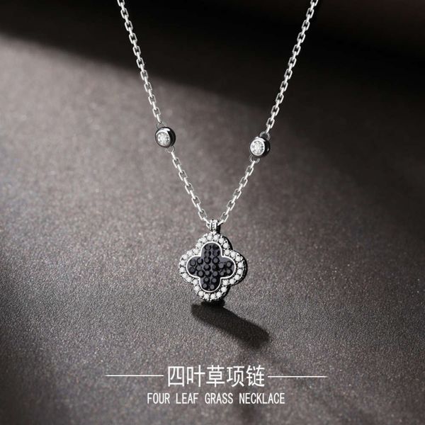 

s925 silver lucky clover necklace women's new japanese and korean net red pendant color gold bone chain, Black