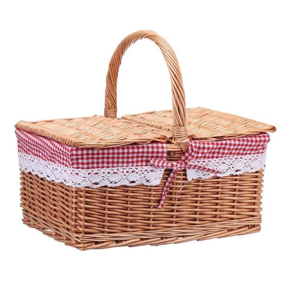 

40*30*20cm square wicker willow picnic basket hamper shopping bag with lid and floral liner for outdoor camping storage baskets