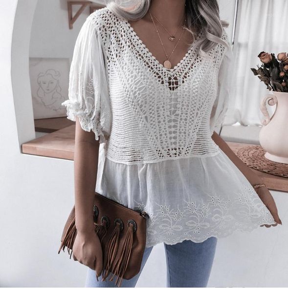 

women's blouses & shirts 2021 summer leisure embroidered ruffle short sleeve v neck crochet hollow lace for ladies fashion chic, White