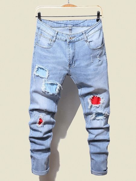 

men slant pocket ripped patched jeans j5pi#, Blue