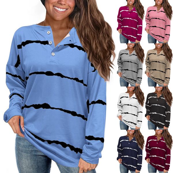 

2021 women's striped print v-neck button long sleeve t-shirt, White