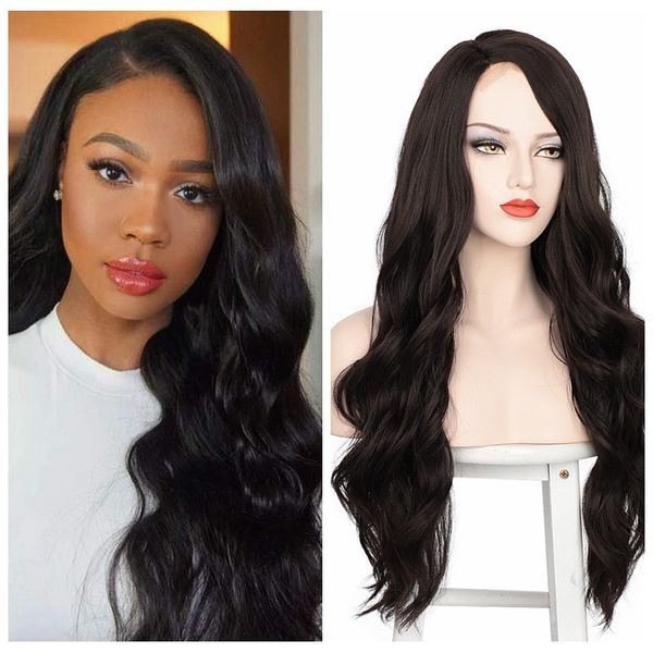 

ladies long black wavy wig synthetic wig with side part bangs for women daily party use nature looking heat resistant fiber wigs