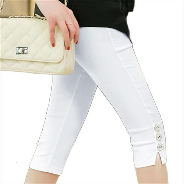 

summer casual slim stretch womens pant leggings crops skinny knee elastic calf length pencil capris plus size, Black;white