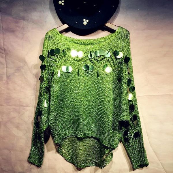 

hook hollow out sequins thin women sweater loose holes pullover bat sleeved beading polyester shirt sequined blouse oversize smock, White;black