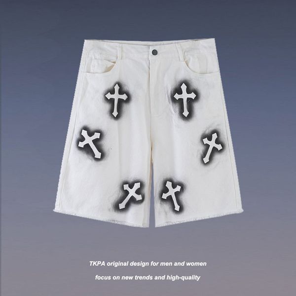 

casual pants tkpa high street graffiti cross flash shorts summer hiphop denim capris men's and women's fashion, Black