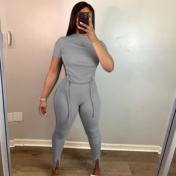 

grey black blue loungewear set knitted suit women drawstring backless crop and split hem pencil legging casual 2 piece sets, Gray