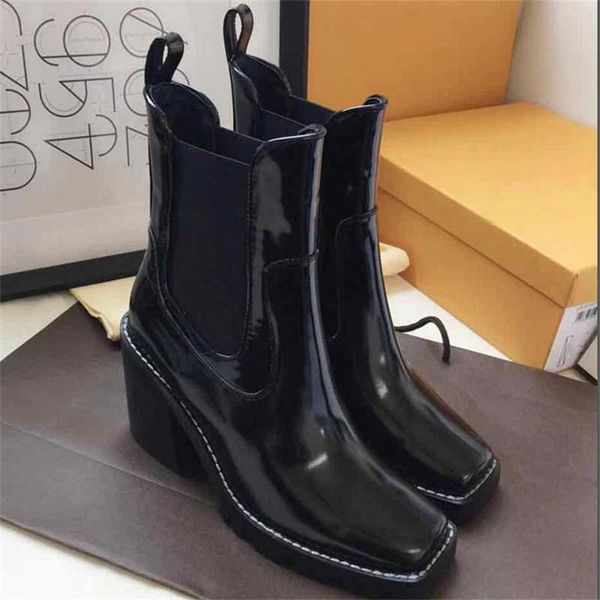 

boots square toe high heel stretch slip on genuine leather mid calf fashion short solid designer female shoes, Black